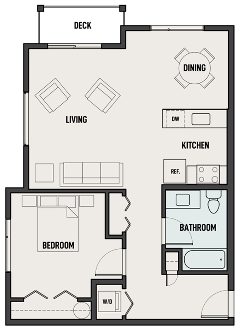 Floor plan for 1 bed, 1 bath, 768 sqft
